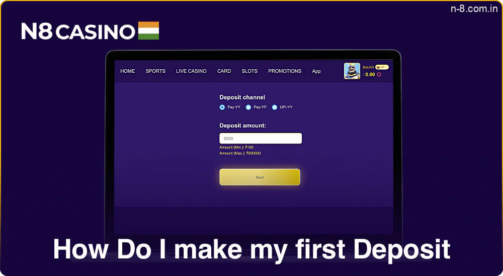 Make your first deposit at N8 Casino in a few steps