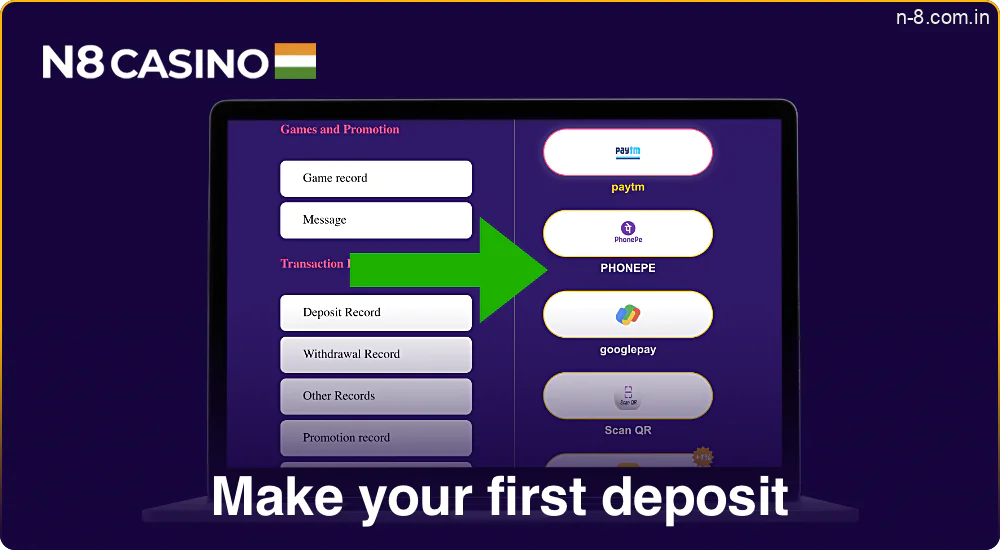 Make a deposit using the available payment methods